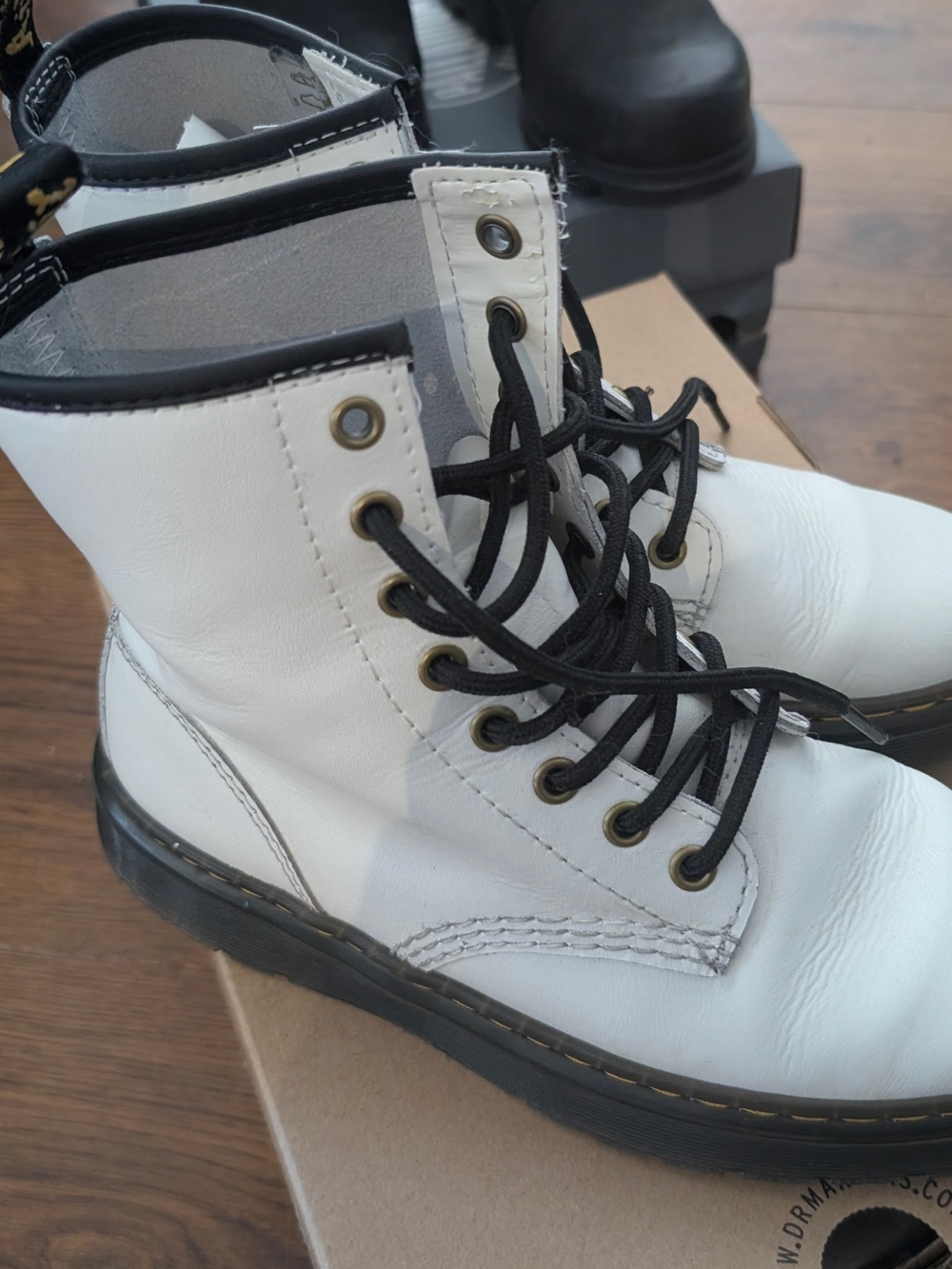 Dr. Martens White Leather Lace-Up Combat Boots with Black Laces